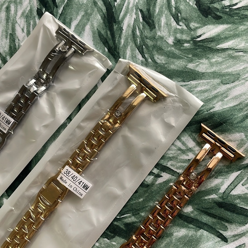 3 Apple Watch Metal Bands - Silver, Gold, and Rose Gold Tones with accents